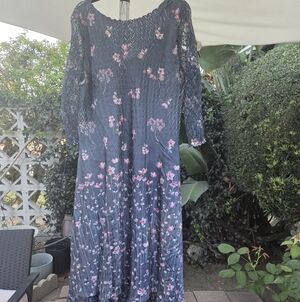 Komarov Woman Elegant Blue Floral Lace Maxi Dress with Pink Accents. 3X